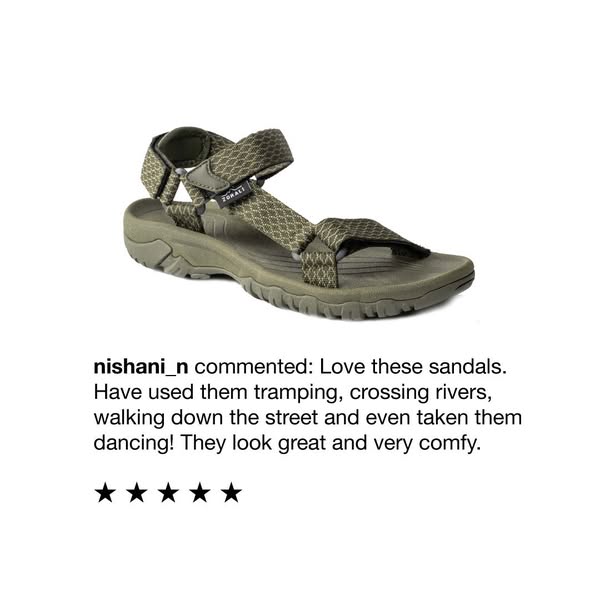 This ad features a sandal alongside a customer testimonial stating the product is great and comfortable to use in a mult