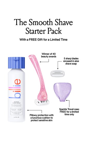 This ad showcases the Billie Smooth Shave Starter Pack, highlighting its features and including a limited-time free gift