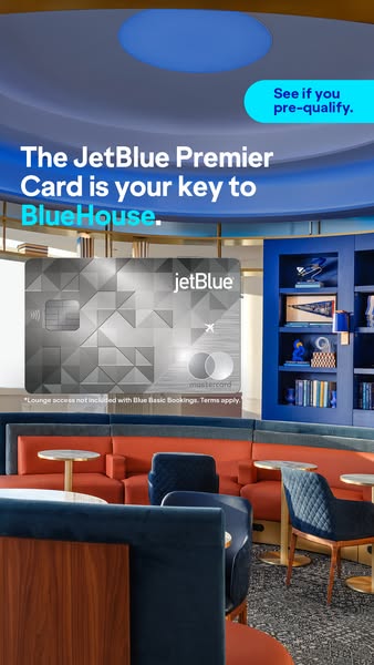 This ad for the JetBlue Premier Card highlights the benefit of access to BlueHouse.