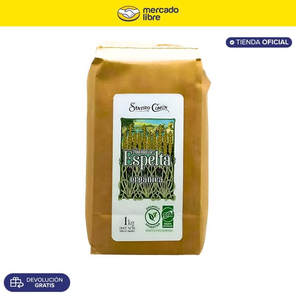 This ad features a bag of organic spelt flour from Sentido Común, highlighting its organic nature and availability throu