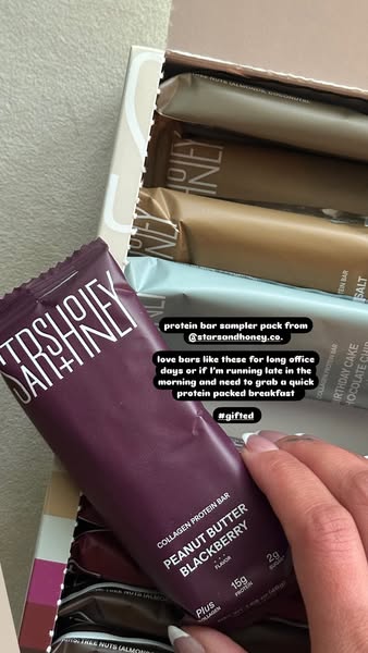 This ad features a protein bar sampler pack from Stars and Honey. The ad shows a hand holding a Peanut Butter Blackberry