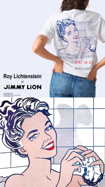 This ad showcases a white t-shirt from the Roy Lichtenstein x Jimmy Lion collaboration, featuring Lichtenstein's 