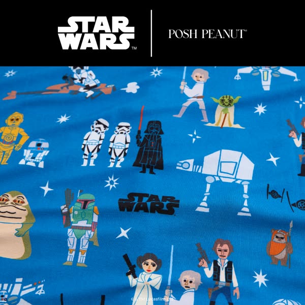 This ad features a close-up of Star Wars-themed Posh Peanut fabric and aims to create excitement and desire for the prod