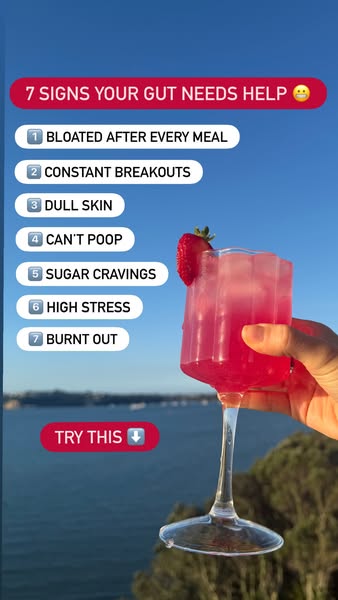 Image ad highlighting the symptoms of an unhealthy gut while promoting a pink beverage as a solution.