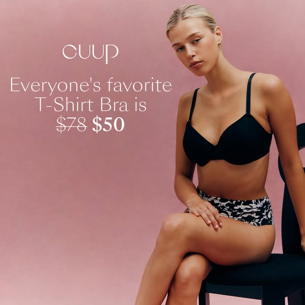 This ad features a woman modeling a CUUP T-shirt bra and advertises a sale price.