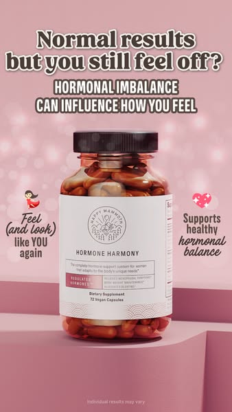 This image ad for Happy Mammoth's Hormone Harmony dietary supplement capsules addresses the problem of women who exp