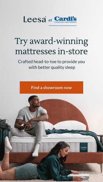 This ad promotes Leesa mattresses in Cardi's Furniture + Mattresses stores. It features a couple relaxing on a Leesa