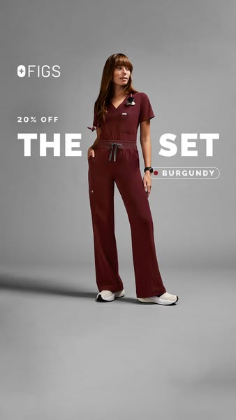 This ad promotes FIGS brand scrubs, highlighting a 20% off discount on 'The Set' in burgundy. A model is shown w