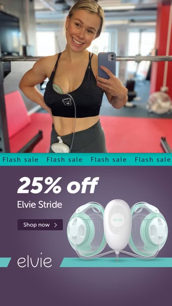 The image ad displays a woman at the gym pumping breast milk with the Elvie Stride. The ad features a flash sale for 25%