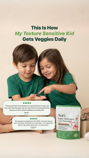 An advertisement featuring two young children eating Auri Super Mushroom Daily Gummies. Two customer testimonials highli
