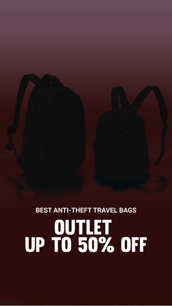 This image ad promotes anti-theft travel bags, advertising an outlet sale with up to 50% off. The ad features silhouette
