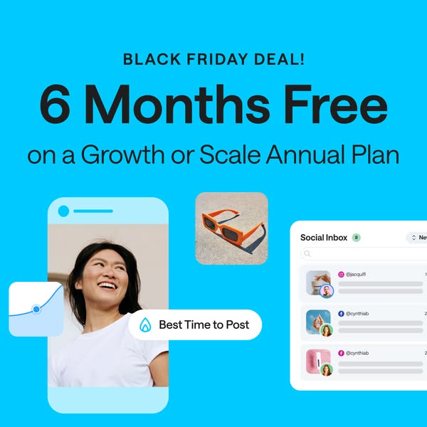 This ad promotes a Black Friday deal for 6 months free on a Growth or Scale Annual Plan. The ad features a phone display