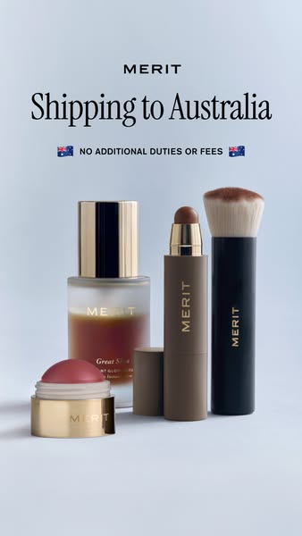 This image ad by Merit promotes their products and advertises shipping to Australia with no additional duties or fees.
