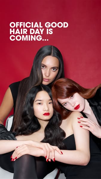 This ad teases an upcoming event or product launch, using a visually striking image of three women with perfectly styled