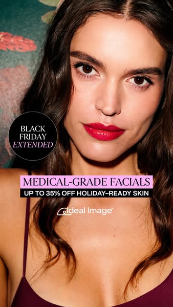 This image ad for Ideal Image promotes medical-grade facials with a discount of up to 35% off for holiday-ready skin. Th