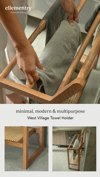 This ad showcases a wooden towel rack with a cane detail shelf. It is versatile and can be used in modern homes. The foc