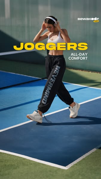 This ad features a woman in a white athletic top and black sweatpants on a blue athletic surface. The ad is advertising 