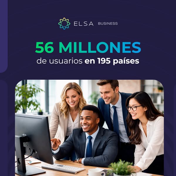 This image ad is for ELSA Business. It highlights the reach the brand has with "56 MILLONES de usuarios en 195 país