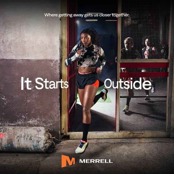 A woman is running outside, and the ad states, "It Starts Outside" to promote the brand Merrell.