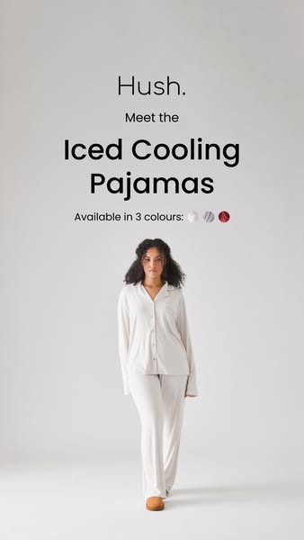This ad showcases Hush's Iced Cooling Pajamas, highlighting their availability in three colors and featuring a model