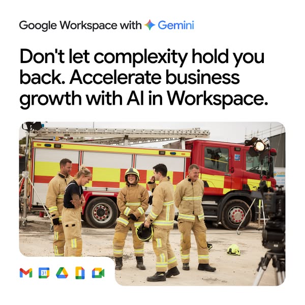 This image ad for Google Workspace with Gemini shows a group of firefighters on set and explains how Google's AI int
