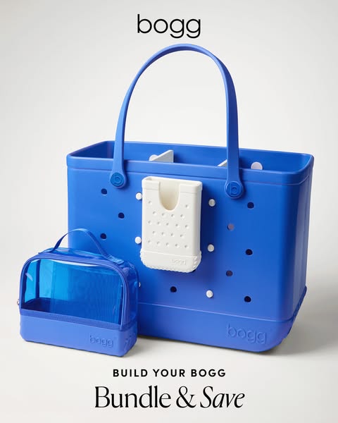 This ad features a blue Bogg bag and a blue Bogg bundle and save offer.