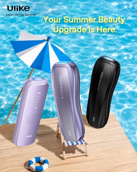 This image ad by Ulike features three of its laser-like hair removal devices on a wooden surface, with a pool and beach 
