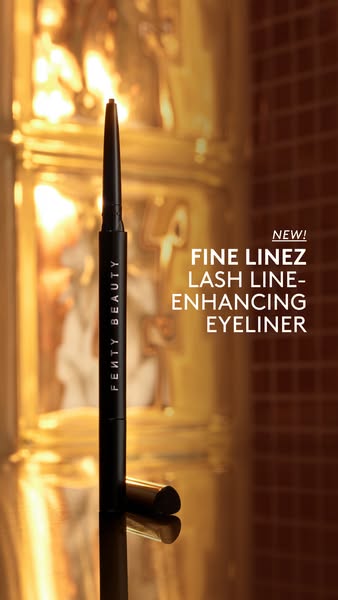 This ad for Fenty Beauty features a close-up of the brand's new eyeliner. The ad uses golden lighting and a sleek, m