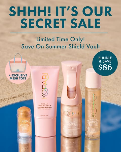 This image ad promotes Kopari's Summer Shield Vault bundle, highlighting its key components and offering a special p