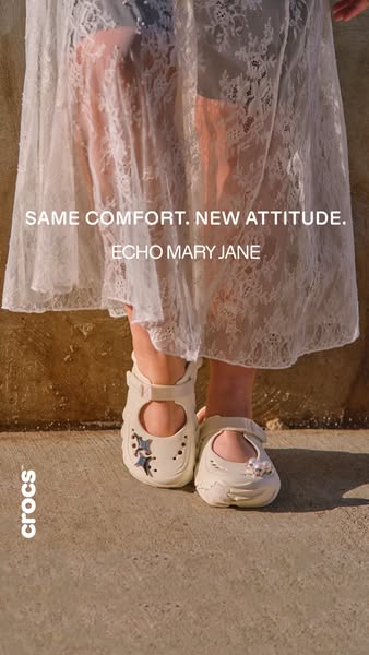 This image ad showcases a pair of Crocs Echo Mary Jane shoes on a person, paired with the tagline, 'Same comfort. Ne