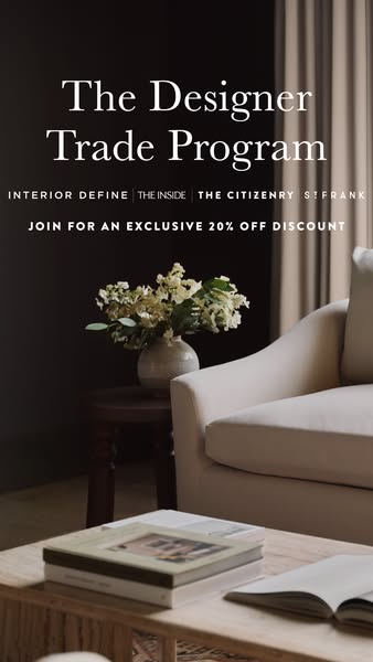 This image ad promotes The Designer Trade Program, offering an exclusive 20% discount to interior designers who join. Th