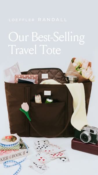 This ad showcases the Loeffler Randall travel tote. The ad aims to highlight the bags features and capacity through the 