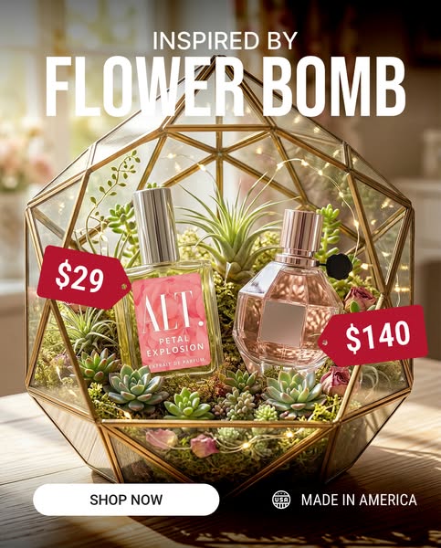 This image ad showcases two ALT. fragrances inspired by Flower Bomb, emphasizing the brand's value proposition of pr
