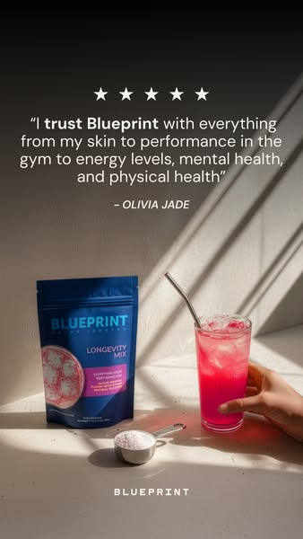This ad features a positive testimonial from Olivia Jade for Blueprint's Longevity Mix, highlighting its benefits fo