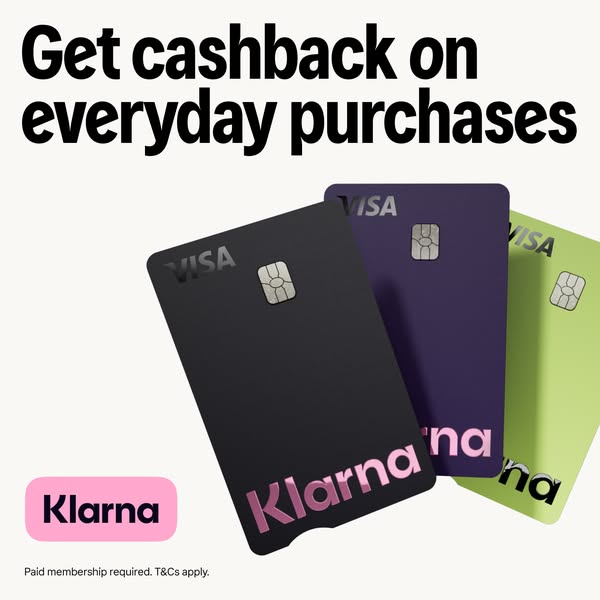 This image ad promotes the Klarna card, highlighting its cashback benefits on everyday purchases. The ad features three 