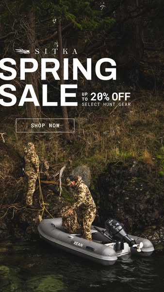 This ad promotes a spring sale from Sitka, offering up to 20% off on select hunting gear. The ad features an image of hu
