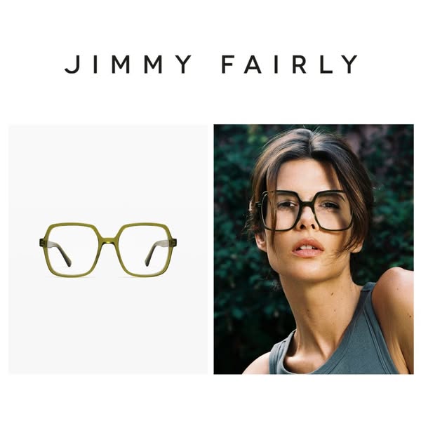 This ad showcases Jimmy Fairly glasses, featuring a model wearing the glasses and a product shot of the glasses.