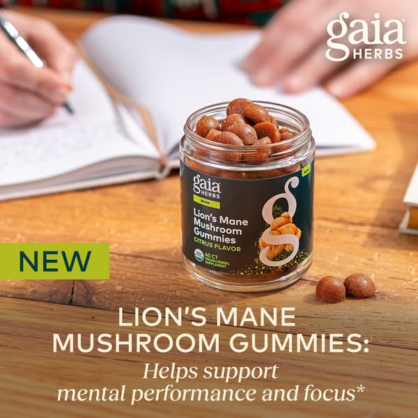 This ad features Gaia Herbs Lion's Mane Mushroom Gummies. The ad highlights the gummies' ability to support ment