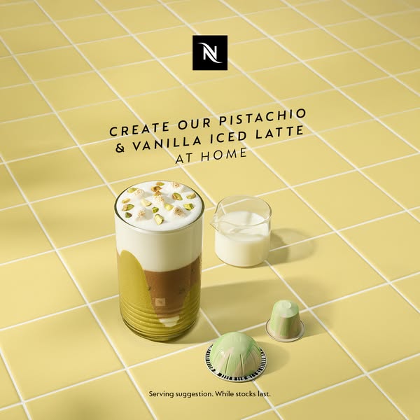 This ad showcases Nespresso's pistachio and vanilla iced latte, emphasizing the ease of creating it at home with the
