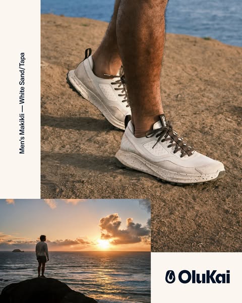 This ad showcases the Olukai brand of shoes. The ad features a close up of the shoe on a rocky surface, and a man standi