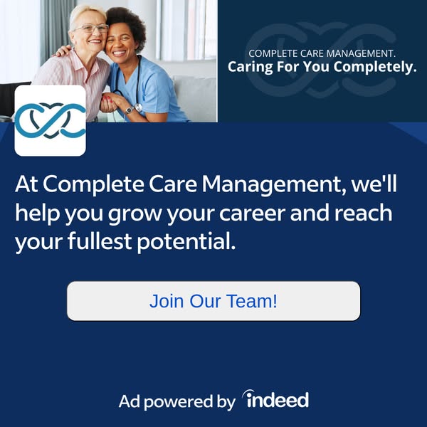 This image ad for Complete Care Management features an image of a Complete Care Management employee hugging an elderly p