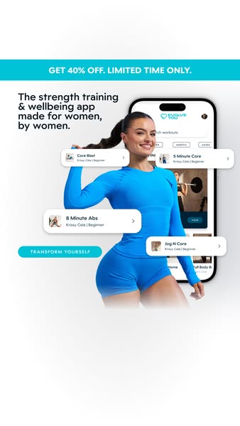 This image ad promotes a strength training and wellbeing app designed for women. It features a woman in workout clothes 