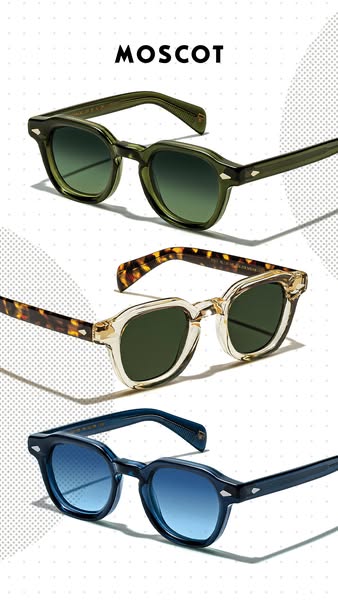 This image ad showcases three different styles of Moscot sunglasses. The sunglasses are displayed in a vertical stack ag