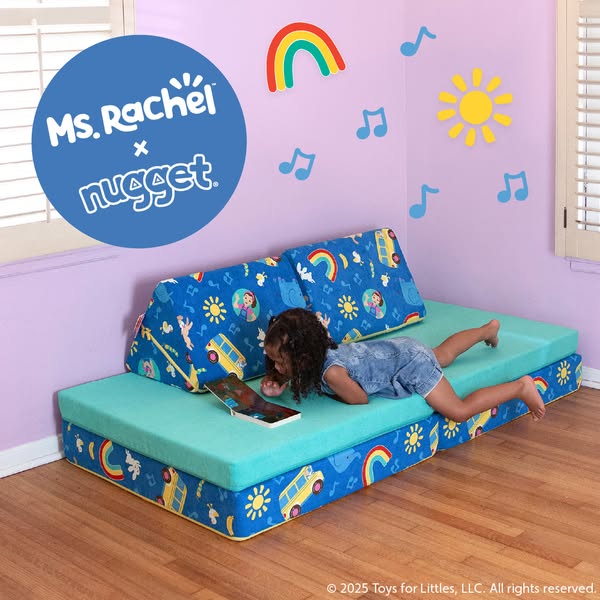 This ad features a young girl using a Nugget couch while watching something on a tablet. The ad also features a collabor