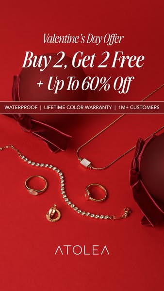 Atolea's image ad promoting their Valentine's Day offer. The ad features jewelry on a red background with Valent