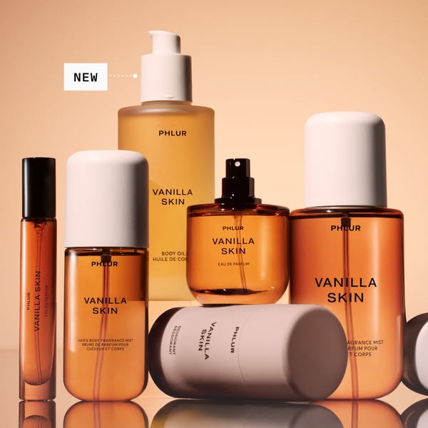This ad showcases the Phlur Vanilla Skin product line, featuring various formats like body oil, fragrance mist, and deod