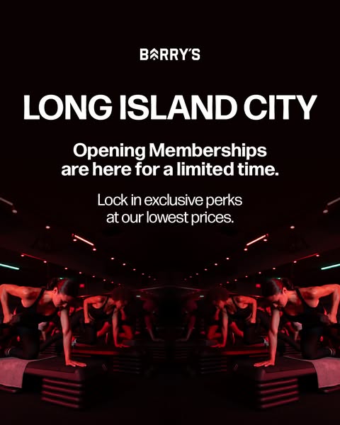 This image ad promotes Barry's Long Island City location, highlighting a limited-time offer for opening memberships 