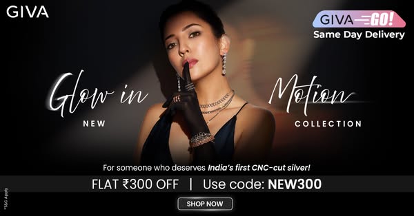 This image ad showcases GIVA jewelry, emphasizing the brand's focus on high-quality CNC-cut silver and its new Motio