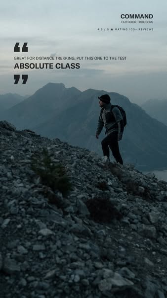 This ad showcases COMMAND outdoor trousers with an image of a hiker climbing a mountain, emphasizing their suitability f