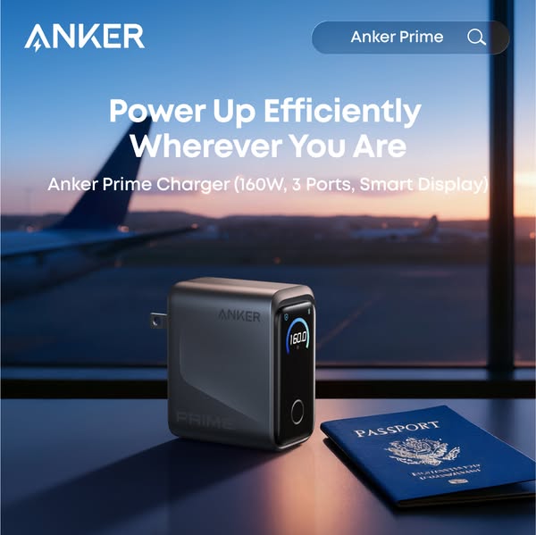 This ad showcases the Anker Prime Charger, emphasizing its efficiency and portability for travelers. The visual setting 
